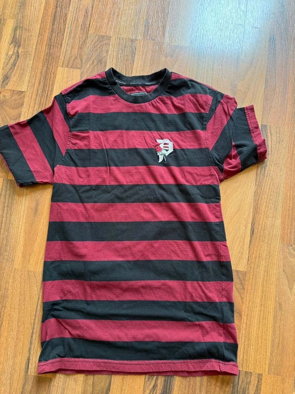 Primitive Skateboarding Black and Burgundy Striped T-Shirt with Embroidered Rose